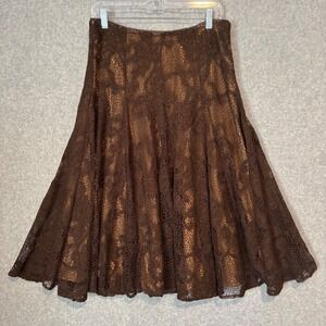 Spirit by Coldwater‎ Creek Brown Crochet Midi Skirt Women's 12 Nude Lining Boho
